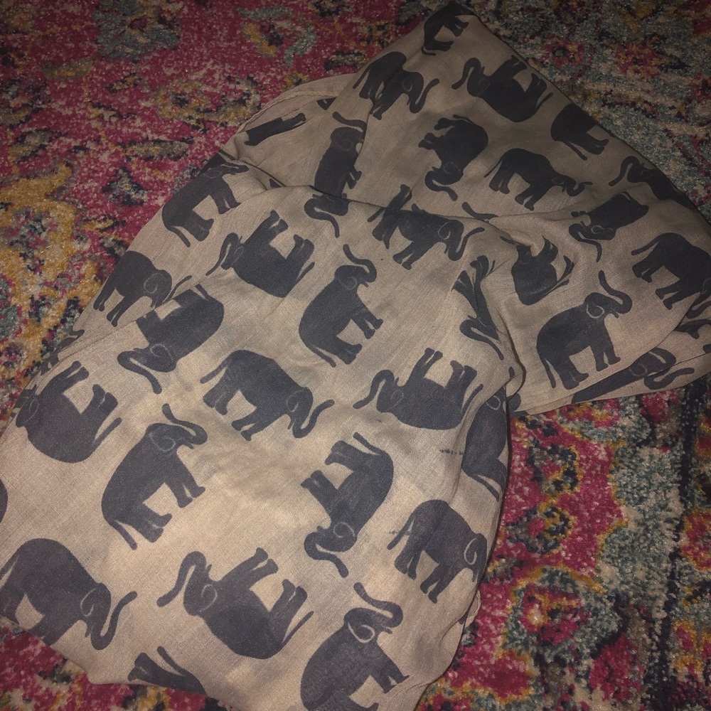Tan scarf with navy blue elephants